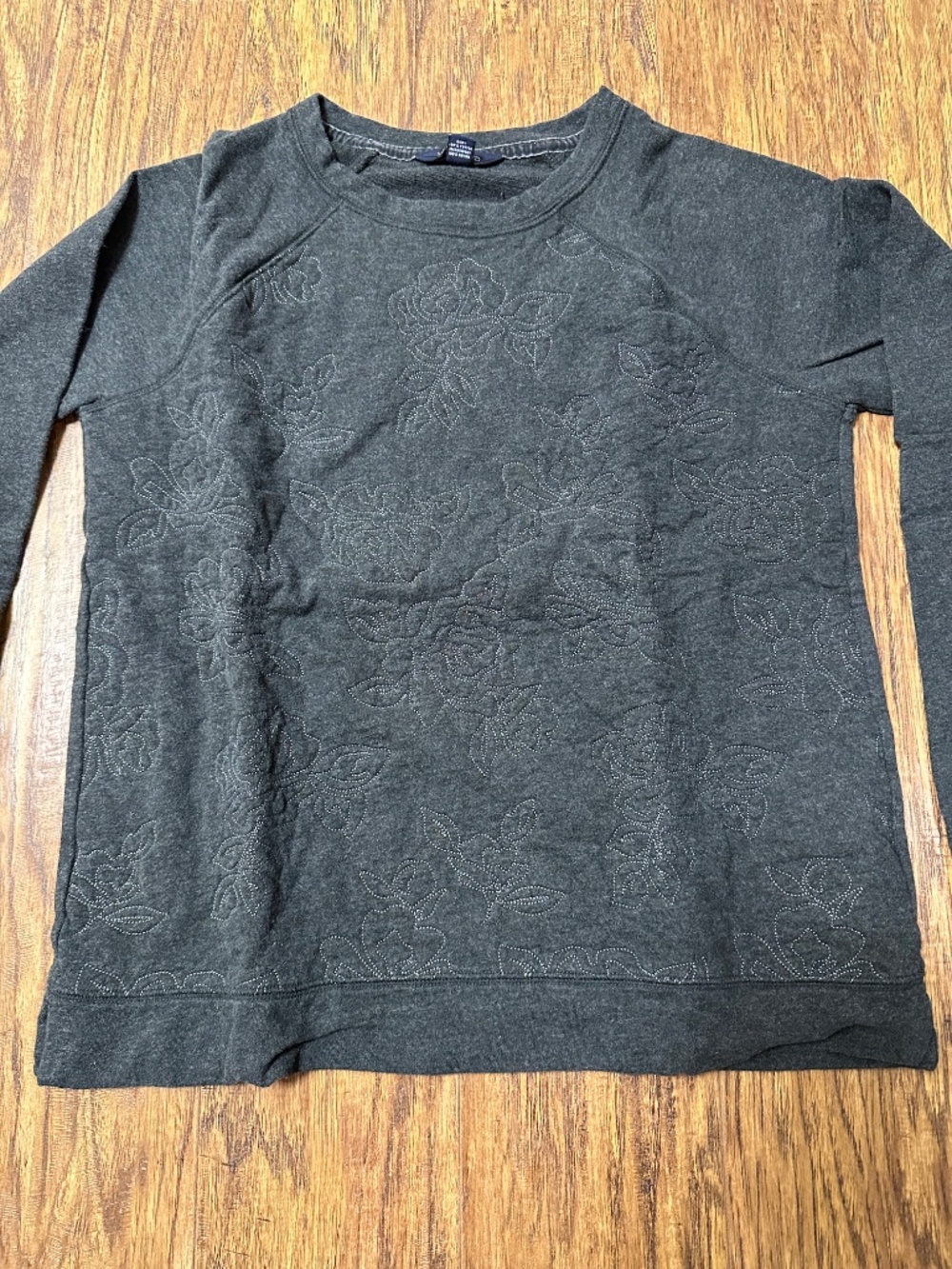 Lands' End Woman's Crew Sweater Stitched Flowers Charcoal Grey Size XS